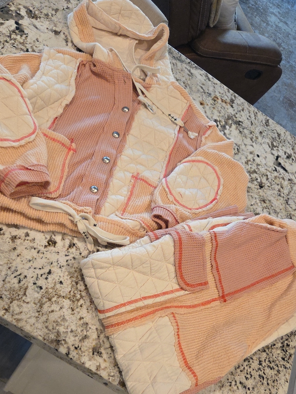 POL Quilted Hooded Patchwork Jacket in Peach & Cream And Matching Pants